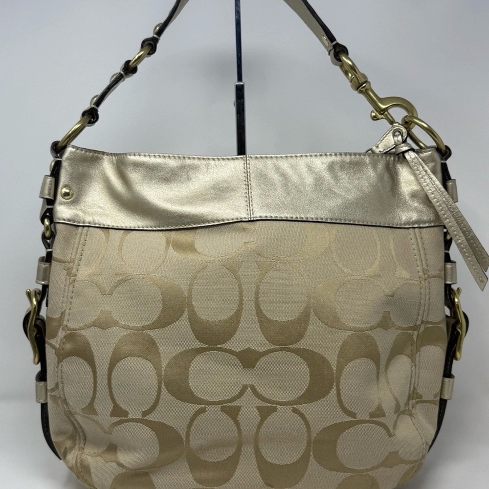 Coach Zoe  Khaki Tan Signature Medium Shoulder Bag Gold Leather Vintage